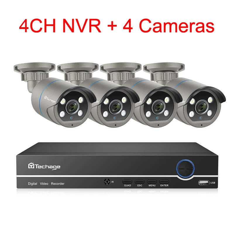4 Cameras System Set Techage H.265 4CH 1080P POE NVR комплект CCTV система безопасности 2 способ аудио 2MP AI IP камера ИК наружный комплект видеонаблюдения 2 ТБ HDD - Цвет: 4 Cameras System Set