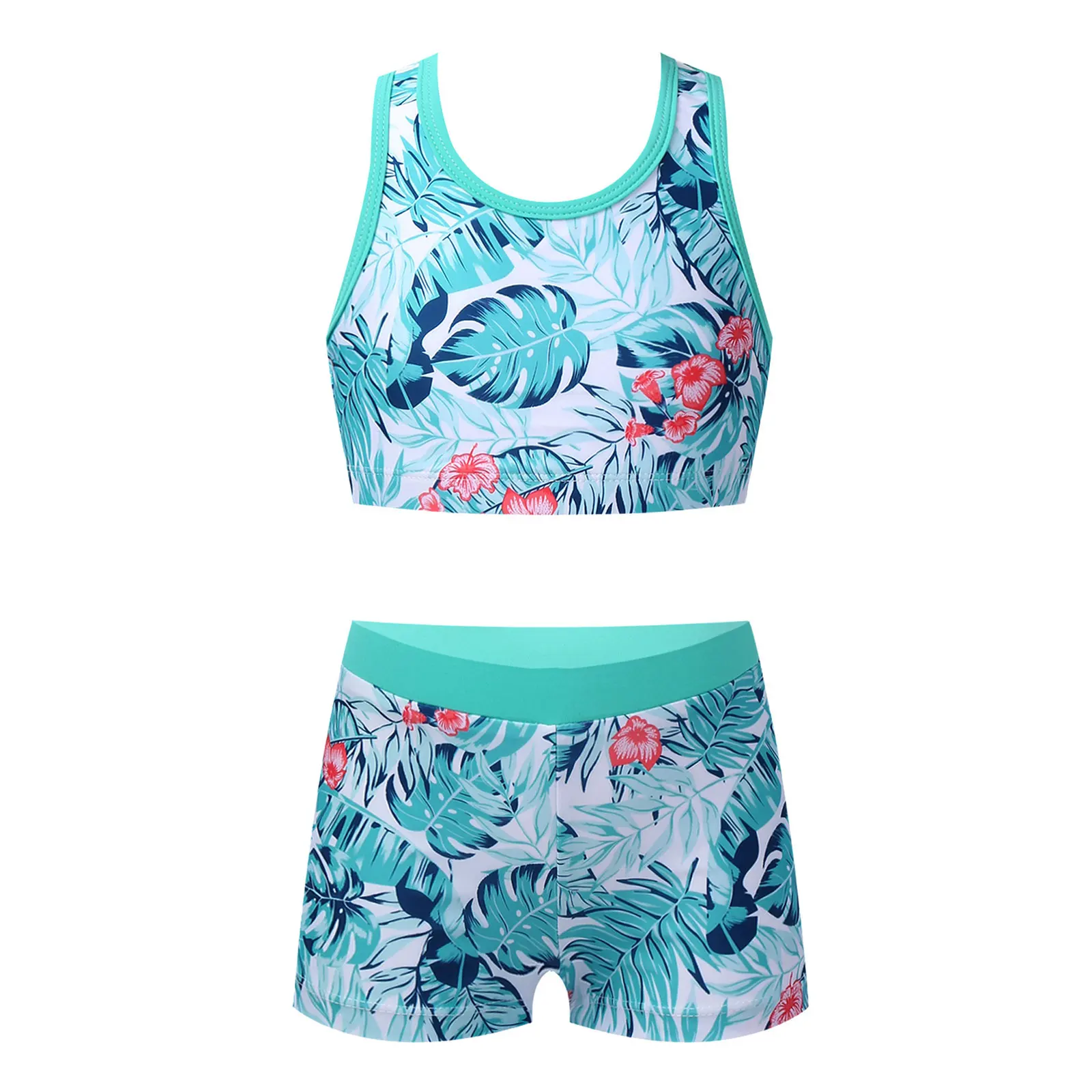 

Summer Girls Two Pieces Swimsuits Patterns Printed Swimwear Sleeveless Y-Shaped Back Tank Top with Boyshorts Bottoms Swimming