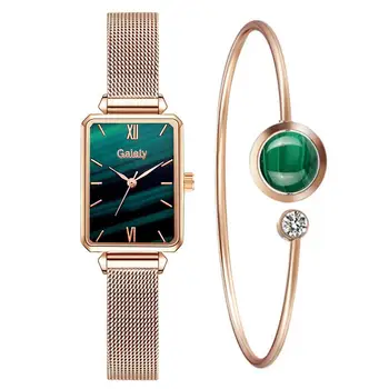 Gaiety Brand Women Watches Fashion Square Ladies Quartz Watch Bracelet Set Green Dial Simple Rose Gold Mesh Luxury Women Watches 6