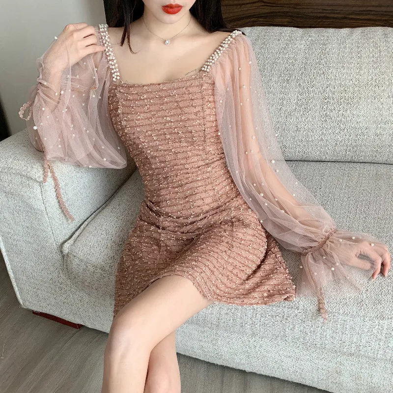 Женское Сетчатое платье в стиле пэчворк с длинным пышным рукавом 3 цвета весенне