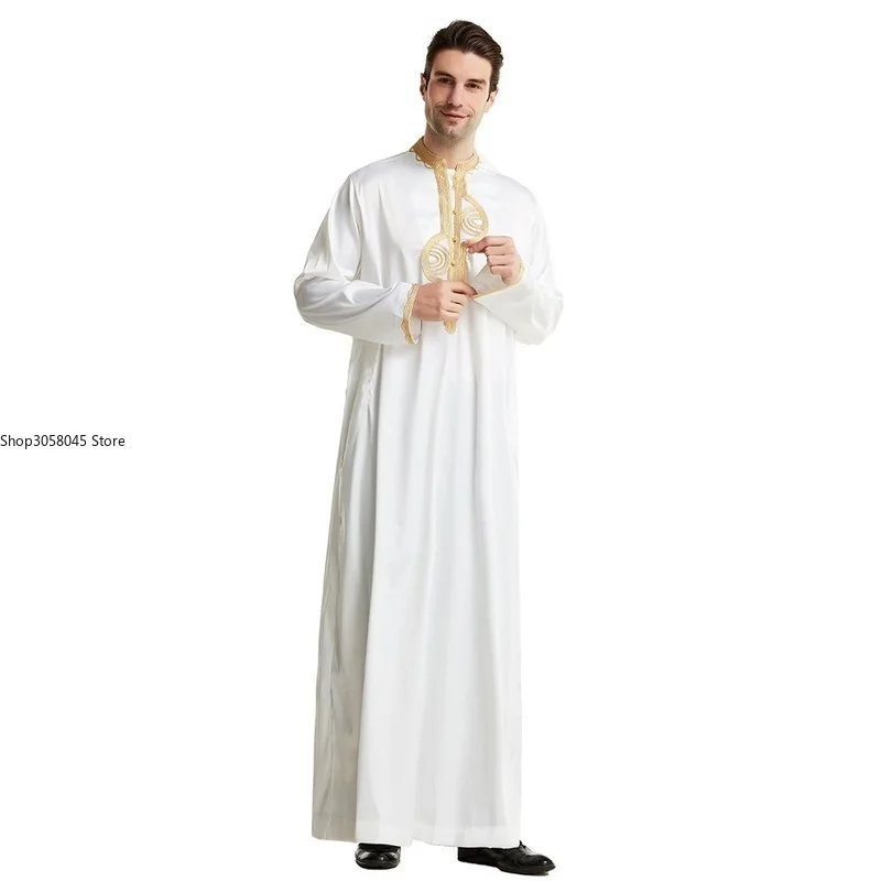 Men Dishdasha Muslim Long Sleeve Dress Daffah Thobe Jubba Saudi Arab Thoub Kaftan Islam Clothing Robes Abaya Dubai Middle East