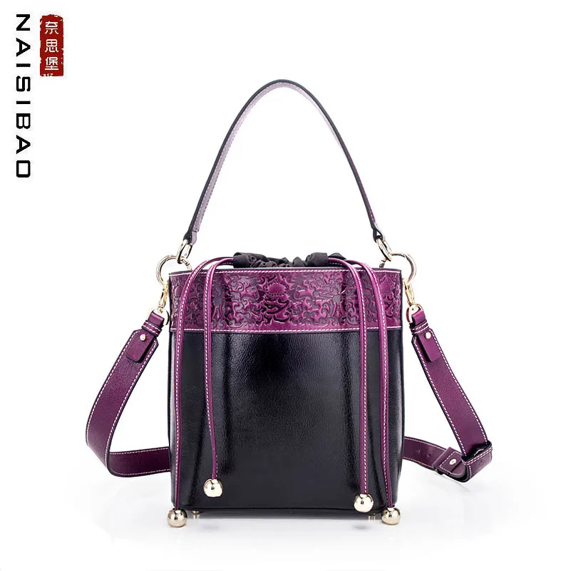 Женская сумка из натуральной кожи NAISIBAO дизайнерская ведро воловьей с тиснением