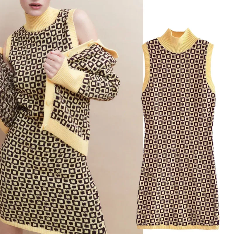 

Xypskh Za Women New Fashion Geometry Printing Pattern Slim Knit Mini Dress Vintage Turtleneck Sleeveless Female Dresses Vestidos