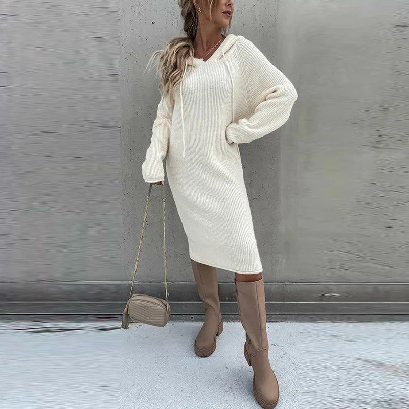 

Autumn Winter Elegant Solid Party Long Dress Women Casual Long Sleeve Loose Hooded Pullover Dress Fashion Knitted Sweater Dress