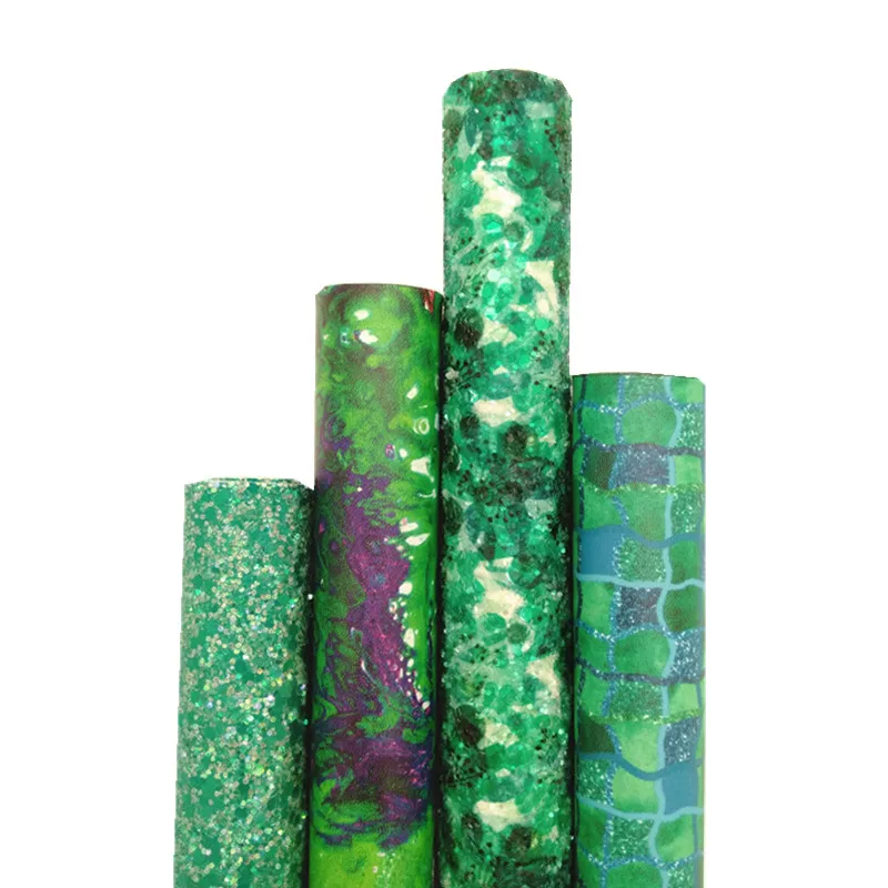 4PCS/SET Green Glitter Vinyl Fabric Matching with Marble Printed Synthetic Faux Leather For Bows Earrings DIY 21X29CM Q210