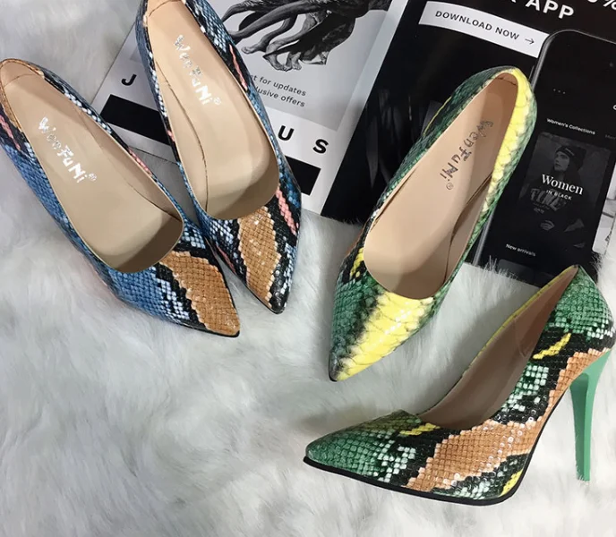 Lady Loafers Pointy Toe High Heel Slip On Pu Snake Texture Printed Shoes For Women Max Size 42 Pink Green Single Pumps Retro | Обувь