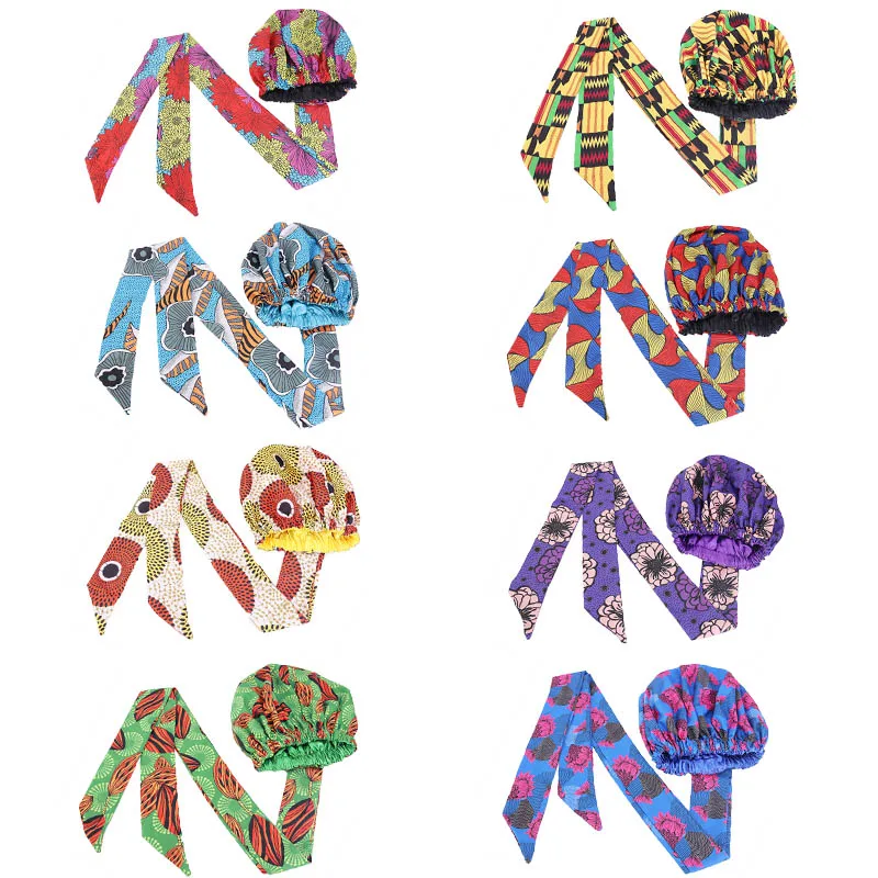 

150PCS African Print Satin Bonnet With Long Ribbon Double Layer Headwrap Ankara Pattern Women Hair Cover Large Size Wrap Cap
