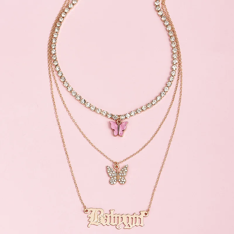 

Европейская и американская мода, цепочка, бриллиантовая бабочка, индивидуальная буква, многослойное женское ожерелье с кулоном, новое ювел...