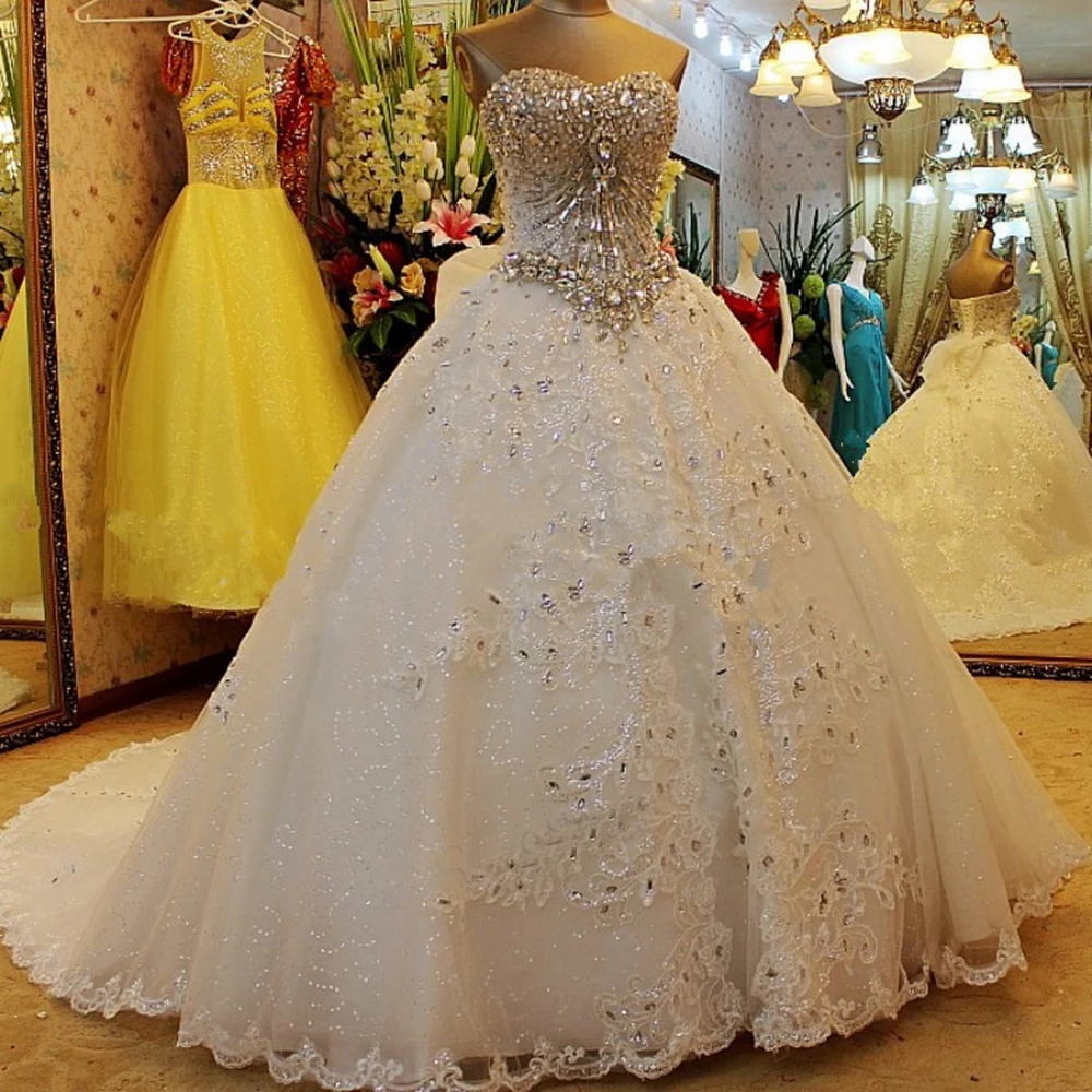 

YIWUMENSA Luxury Crystal Beaded Princess Bridal Ball Gown Wedding Dress Lace-Up Back Sweetheart Sleeveless Robe De Mariee 2021