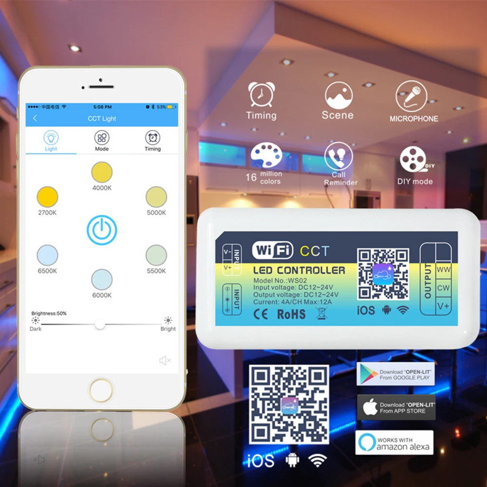 

VIPMOON DC12-24V 12A светодиодный умный WIFI CCT регулятор яркости IOS Android приложение для телефона 2835 одноцветная полоса
