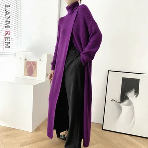 LANMREM женский длинный свитер с высоким воротником, дизайнерский пуловер с разрезом, с длинным рукавом, новинка 2022, Kintted одежда, Famale YJ968