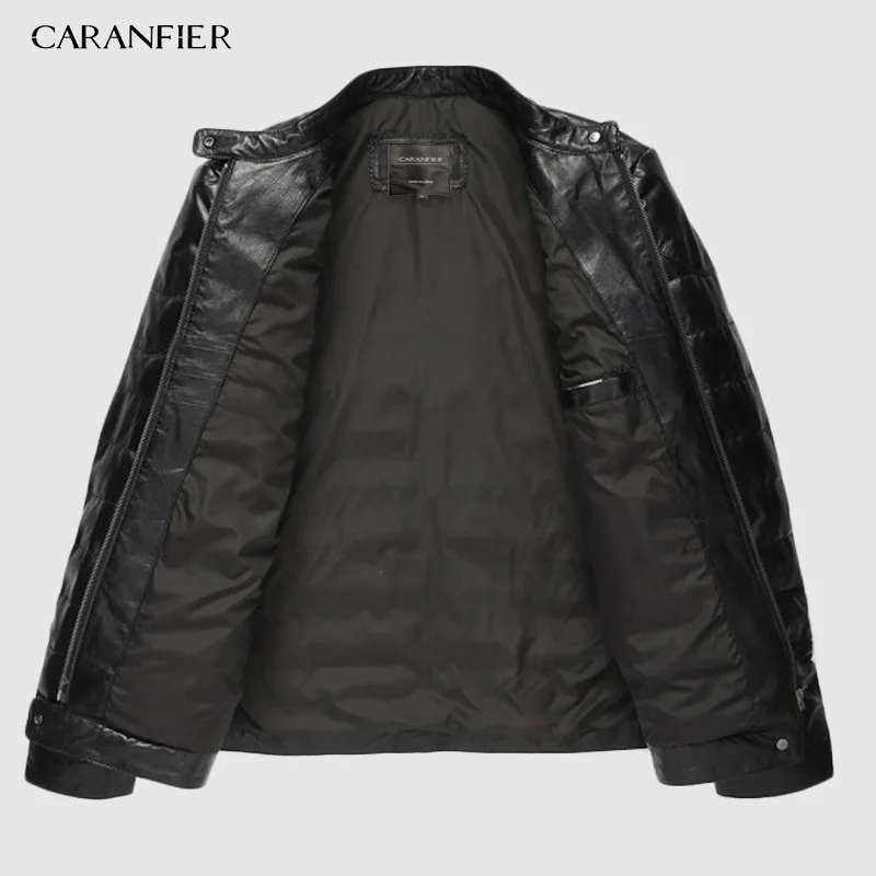 CARANFIER New Men Genuine Leather Down Jacket Brand Slim Sheepskin Coat Winter Stand Collar Warm | Мужская одежда