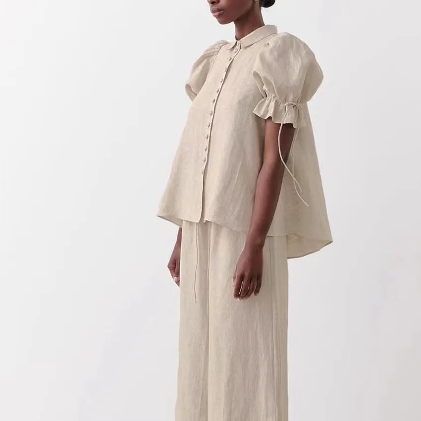 

Summer new bubble sleeve tie white loose cotton linen short sleeves loose casual women's shirt suit