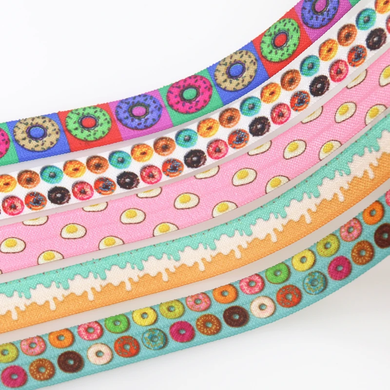 DHK 5/8'' 5yards Cupcake Donuts Egg Printed Fold Elastic FOE Stretch Ribbon Hairbow Headwear Headband DIY OEM 15mm E1934