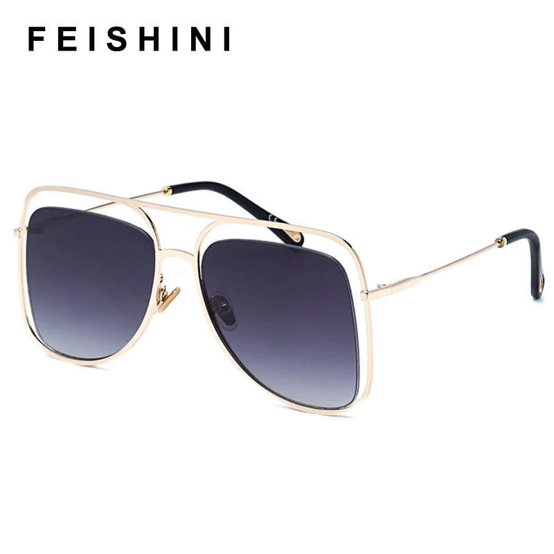 Модные солнцезащитные очки FEISHINI с полыми металлическими зеркальными стеклами