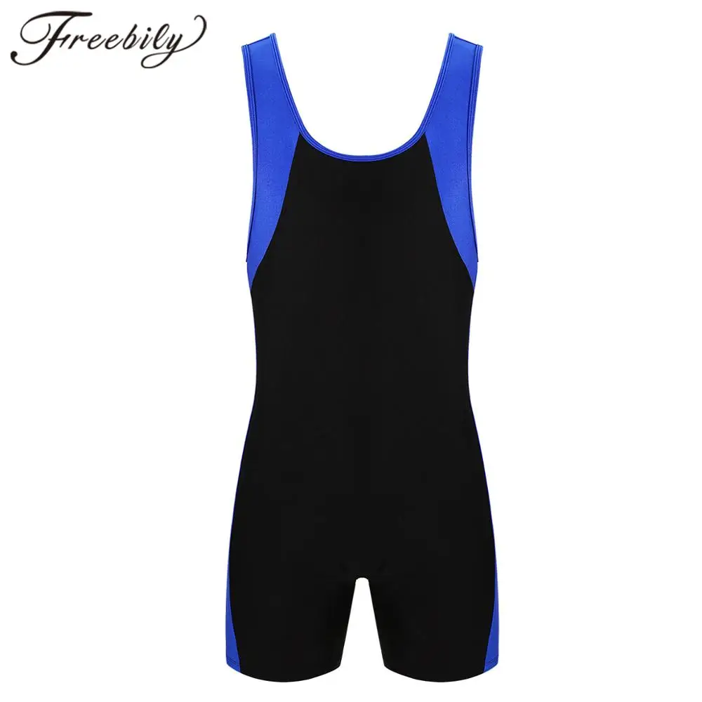 

Mens One-piece Swimwear Fashion Color Block U Neck Sleeveless Leotard Jumpsuit Shorty Unitard Gym Sports Fitness Male Bodysuit