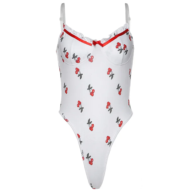 

Fannic 2020 Spring and Summer Fashion Cherry Print Sexy Strap Slim -Fit One - Piece Suit