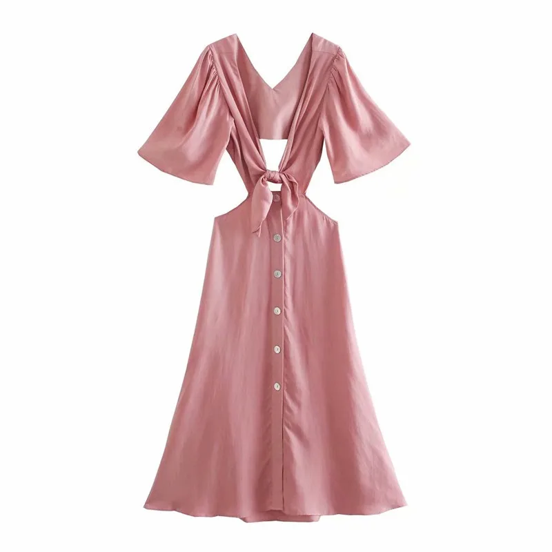 

Женское платье с коротким рукавом ZA, розовое длинное платье средней длины на пуговицах с разрезом и завязками, сексуальное платье для вечер...