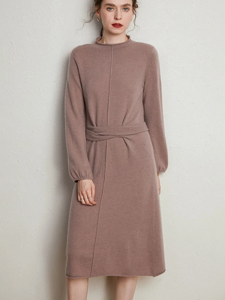 Winter new women's mid-length 100% cashmere pullover round neck soft and comfortable solid color long knitted women's sweater