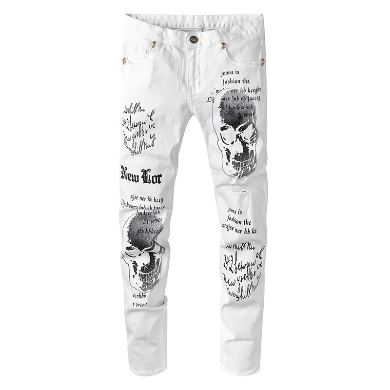 

Мужские джинсы с черепом KIMSERE, рваные джинсы в стиле хип-хоп с дырками