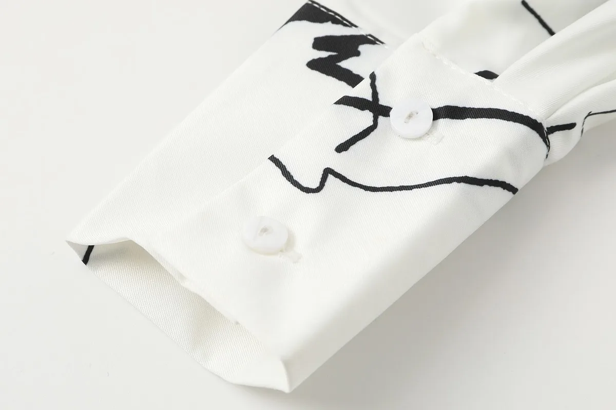 

Unisex Chic Character Print Blouse Women Turn Down Collar Single Breasted Long Sleeve Shirts 2021 Spring Loose Fashion Blusas