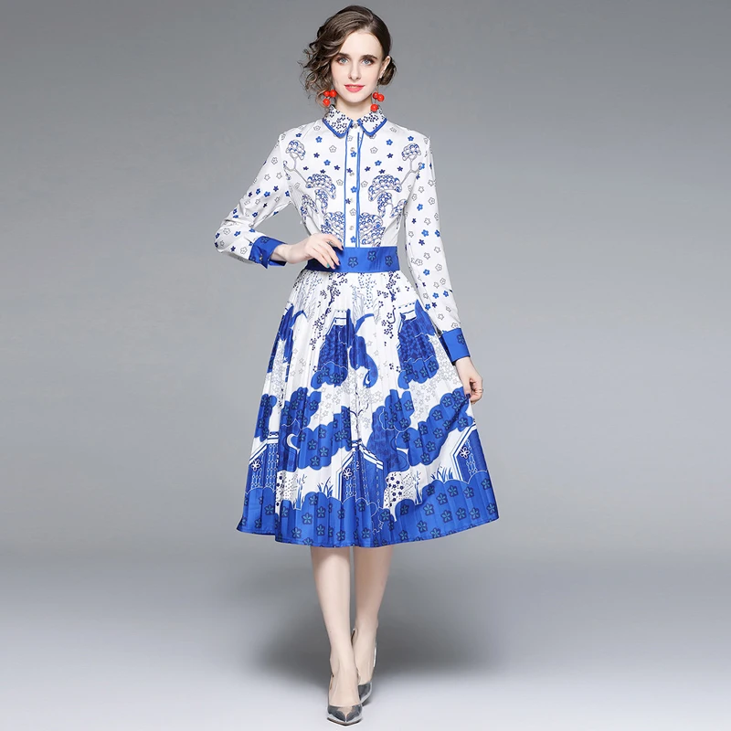 

High Quality Women Elegant Print Dress Lapel Long Sleeve Cocktail Party Robe Female Vintage Designer Pleated Dress Vestidos