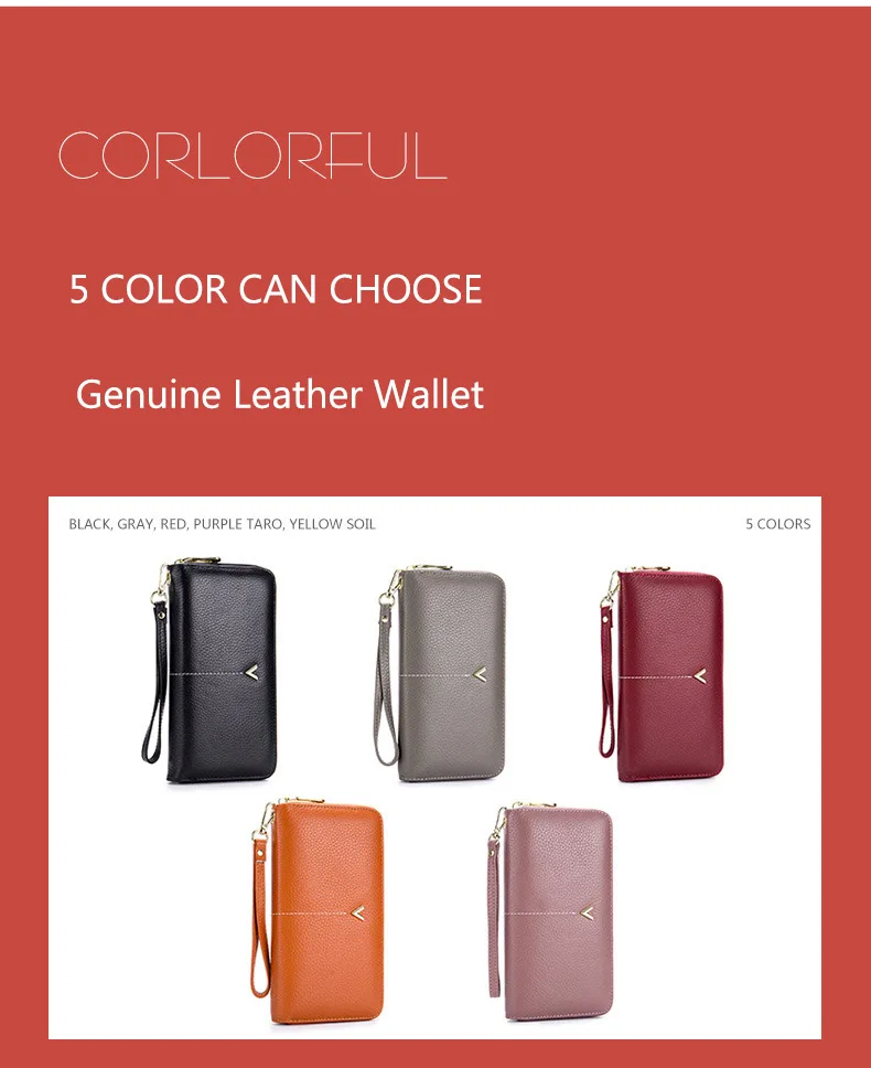 Women clutch bag leather wallet female long zipper clutch bag top layer cowhide portable large capacity paper clip new