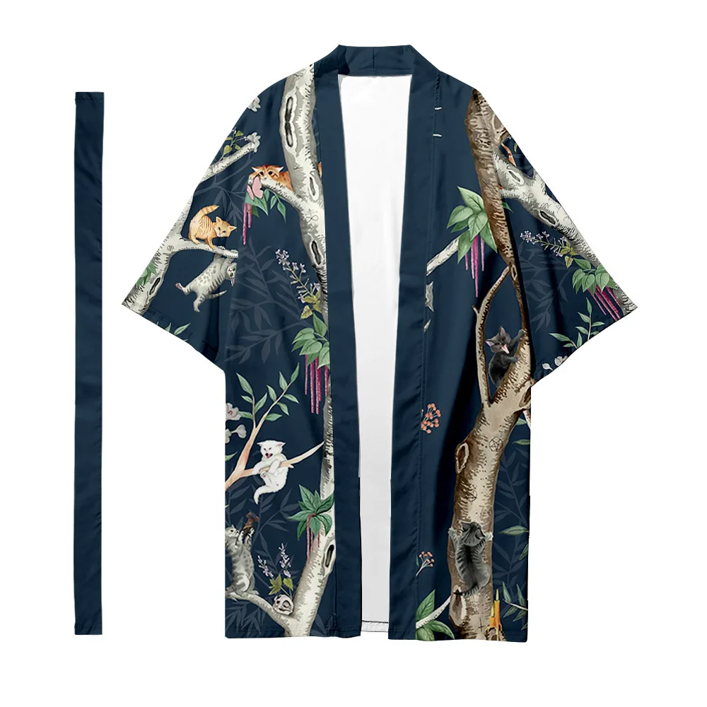 Cardigan Kimono lungo etnico tradizionale giapponese da uomo abbigliamento Samurai maschile Kimono modello gatto animale camicia Kimono giacca Yukata