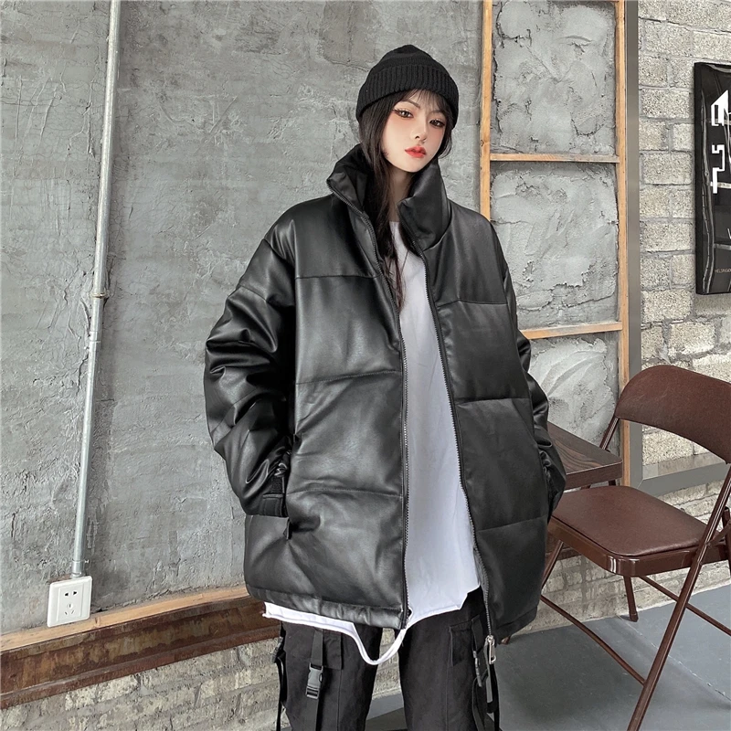 

Winter Thick Warm Short Parkas Women Fashion Black PU Leather Coats Women Elegant Zipper Cotton Jackets Female Ladies