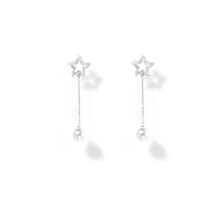 

GU-144 Super flash zircon star earrings pearl tassel earrings S925 silver needle five-pointed star crystal earrings female