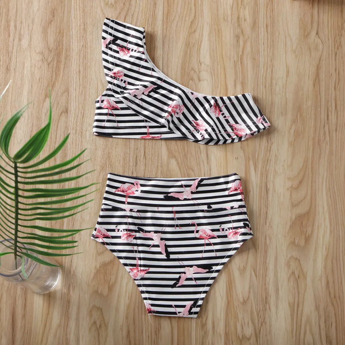0-4T Toddler Baby Girls Kid Stripe One Shoulder Tops + Shorts Swimsuit Swimwear Flamingo Swimming Outfit | Мать и ребенок