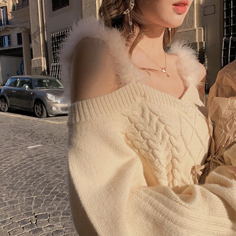 Свитер женский с открытыми плечами пикантный Мягкий трикотажный пуловер на