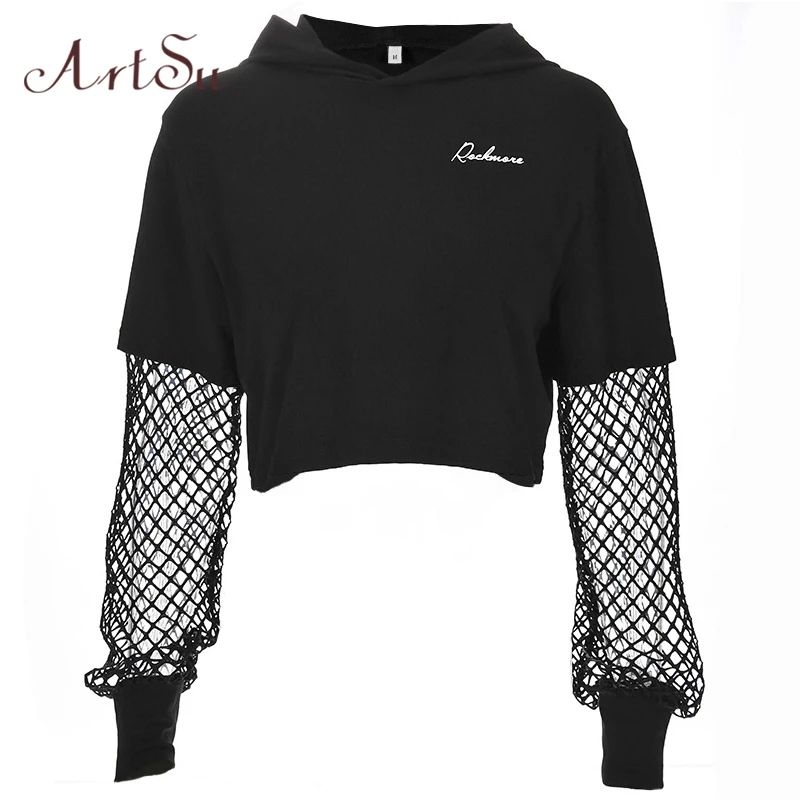 

FAKUNTN 2021 Black Cropped Sweatshirt Long Sleeve Top Women Hoodies Hooded Streetwear Kpop Harajuku Hoodie Mesh Hoody Clothes