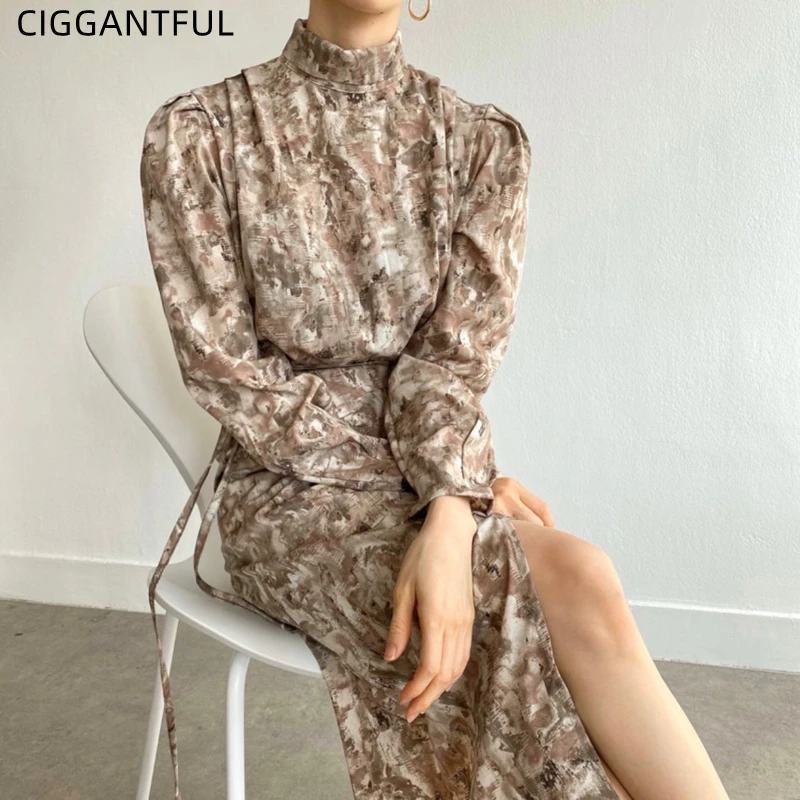 

Korean Chic Fall Retro Smudge Ink Printing Stand Neck Tie One Piece Ruffled Split Wrap Dress Ladies Sexy Elegant Party Clothes