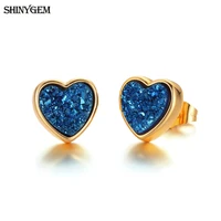 shinygem lovely 10mm natural love heart sparkling crystal stone earrings 24k gold plating bezel stud earrings for women girls