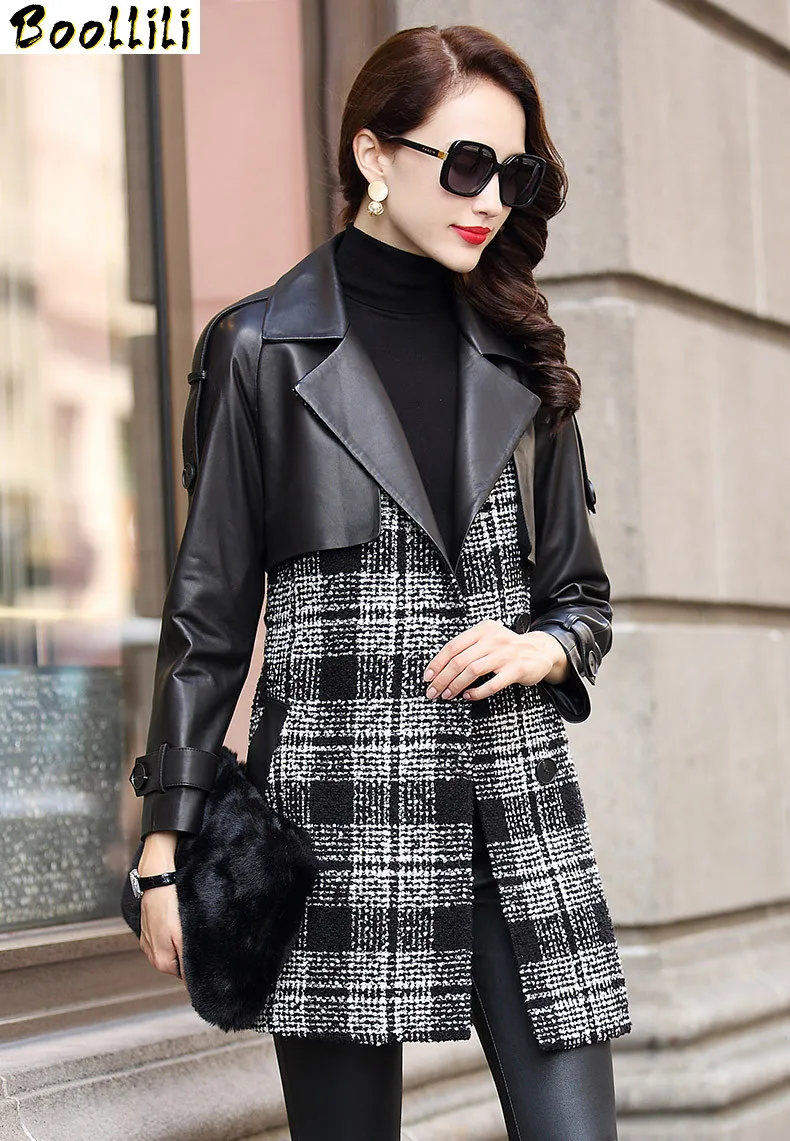 

Leather Jacket Boollili Autumn Winter Coat Women Genuine Sheepskin Coat Female Tweed Woolen Coats Windbreaker Chaqueta Mujer