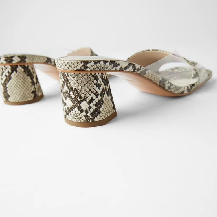 

Square heel Shoes Woman 2021 Snakeskin Med Female Mule Slippers Heels Pantofle Block Mules High Animal New Soft Basic Rome Slide