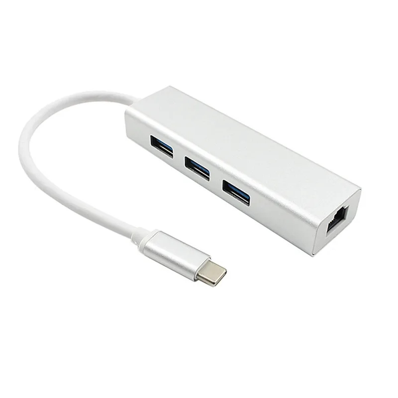 

USB 3.1 USB-C Type-C to Ethernet Network LAN rj45 with 3 Ports USB3.0 Hub Adapter Silver color For Macbook & Chromebook