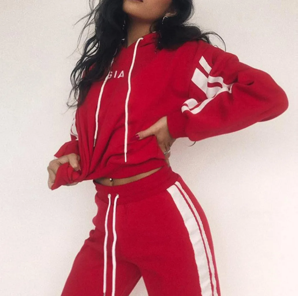 autumn two piece set Women Casual Colorblock Striped Hooded Long Sleeve Crop Tops+long Pants Running Workout Fitness Sports Suit