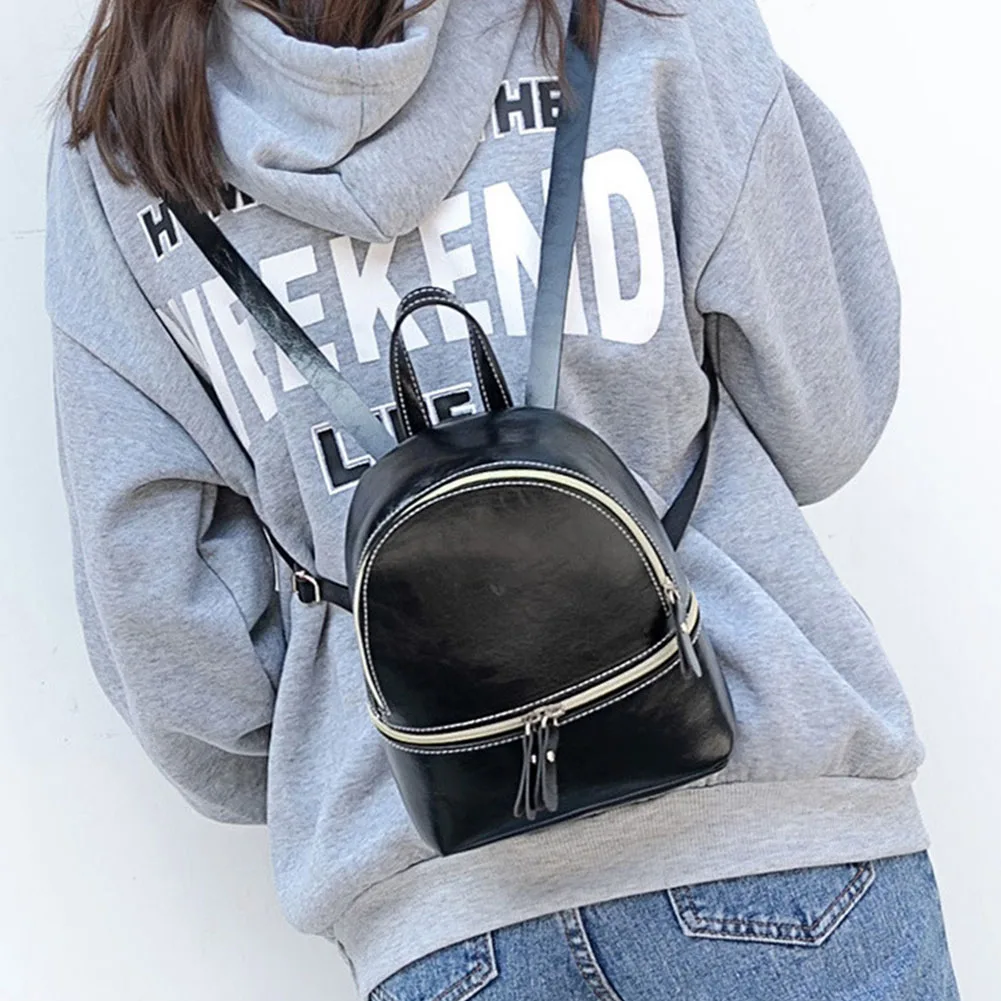 

Women College Student Backpack Solid Fashion School Multifunctional PU Leather Pouch Travel Bags Rucksack Leisure Zipper Closure