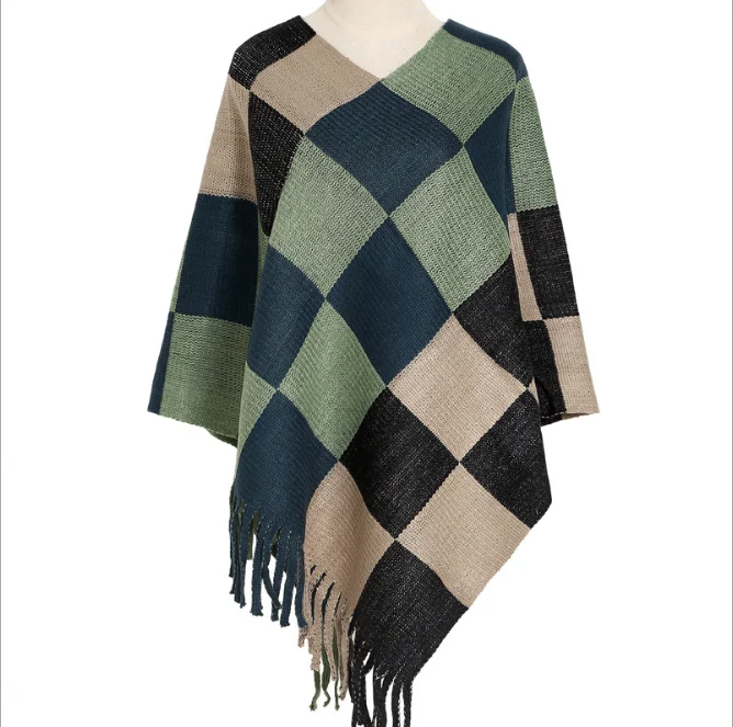 

Color Lattice Winter Pullover Knitted Shawl Imitation Cashmere warm Tassel Cloak Women's Coat Cloak For Outdoor Wear Blue