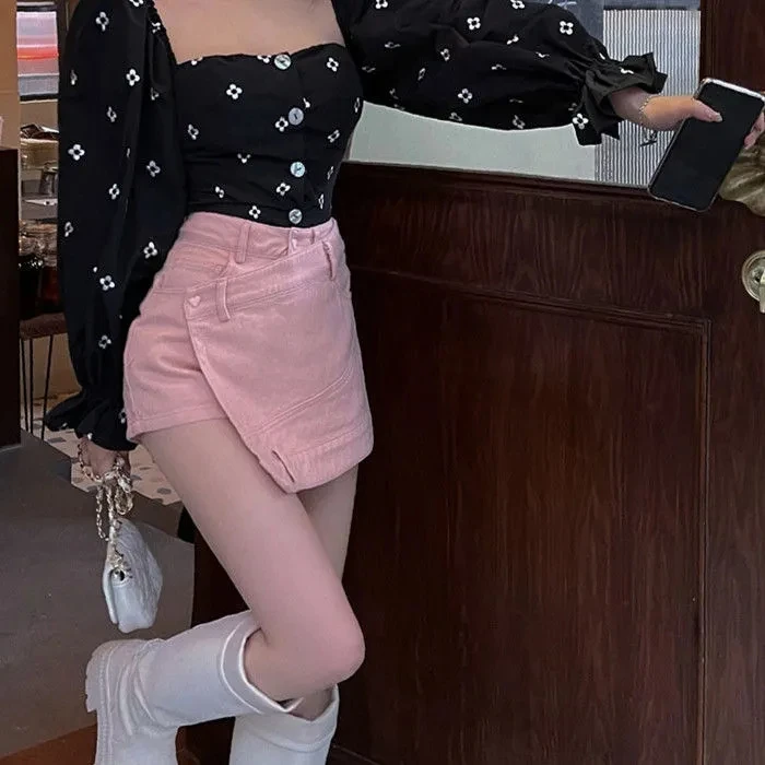 

Корейская джинсовая юбка с высокой талией в стиле Харадзюку, асимметричная однотонная женская Повседневная Милая трапециевидная юбка Y2k, л...