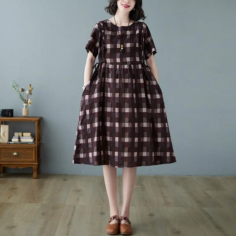 

Women Summer Cotton Linen Casual Dress New Arrival 2021 Simple Style Vintage Plaid Loose Comfortable Female Long Dresses B211