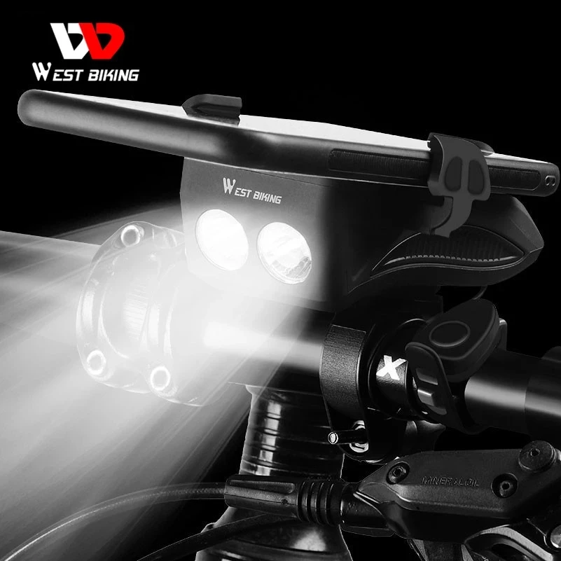 

WEST BIKING Multi Bike Light Flashlight Bike Horn Alarm Bell Phone Holder Power Bank Cycling Front Light Bicycle Headlight