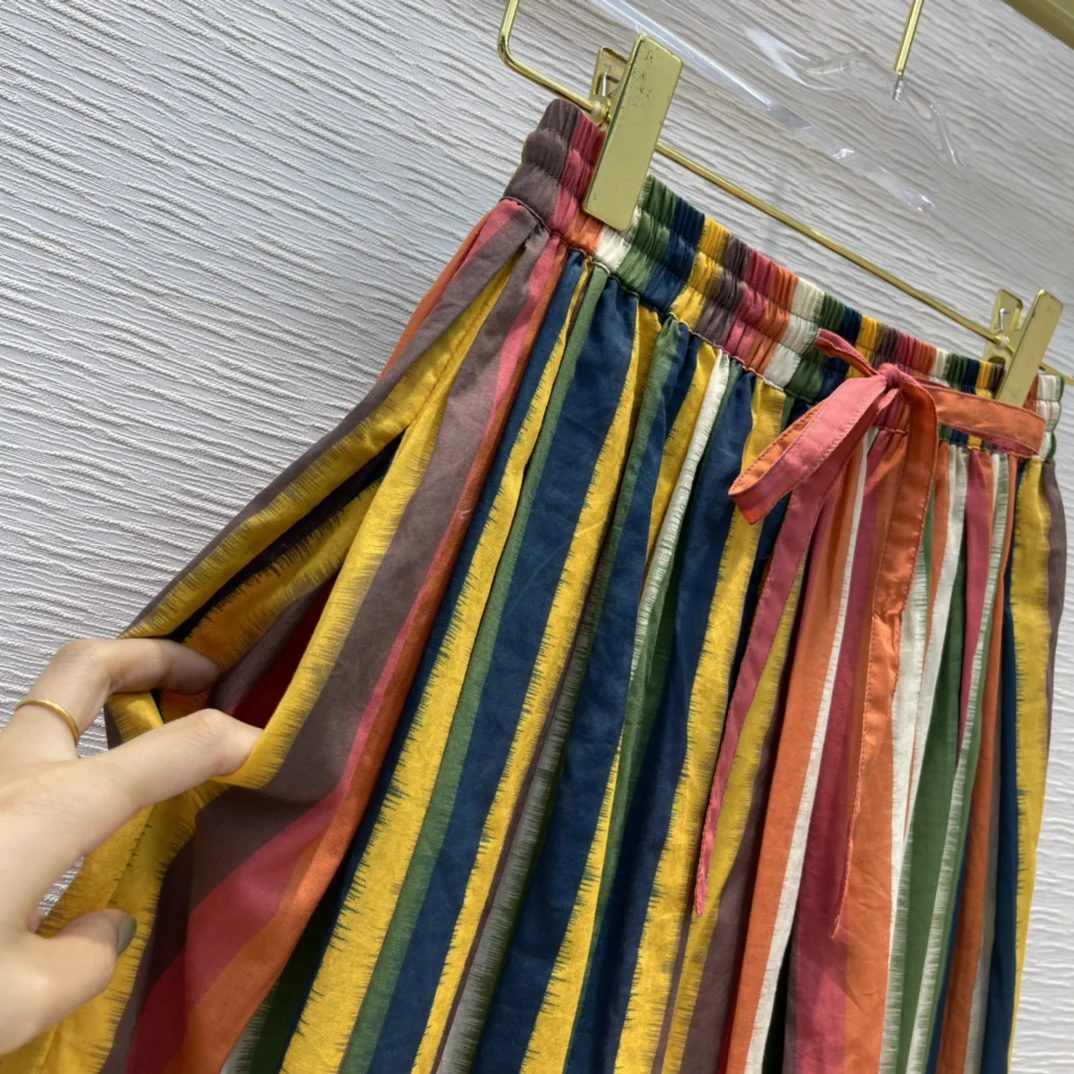 Holiday Red Striped Skirts for Women Summer 2020 Luxury Brand Lace Up High Waist Skirts Casual Style Big Hem Pleated Skirts Lady