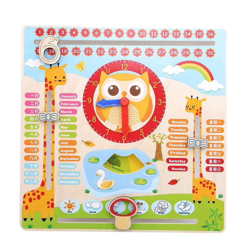 

Kids Wooden Toy Multifunction Wood Hanging Clock Including Calendar Clock Month Weather Children Early Learning Developmental