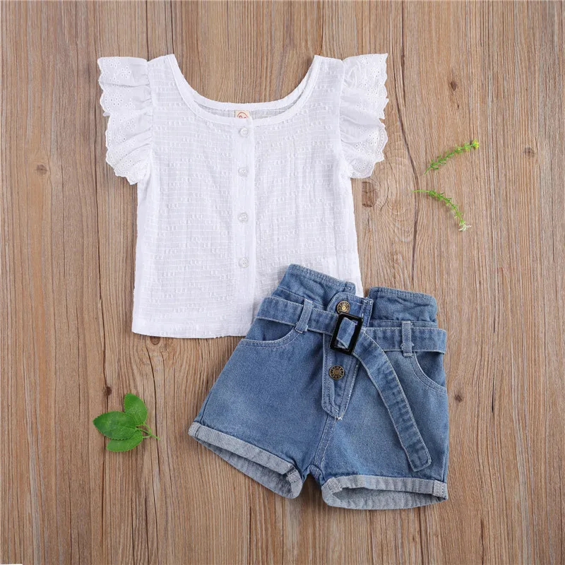 

Baby Girls Clothes Sets Summer Toddler Fashion Ruffle Short Sleeve T-Shirt+Denim Shorts+Belt 3 Piece Kids Clothes