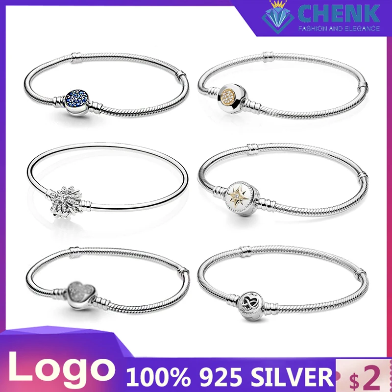 

Браслет из серебра S925 пробы с логотипом, классический высококачественный браслет со снежинкой, сердцем, бриллиантами, очаровательные женск...