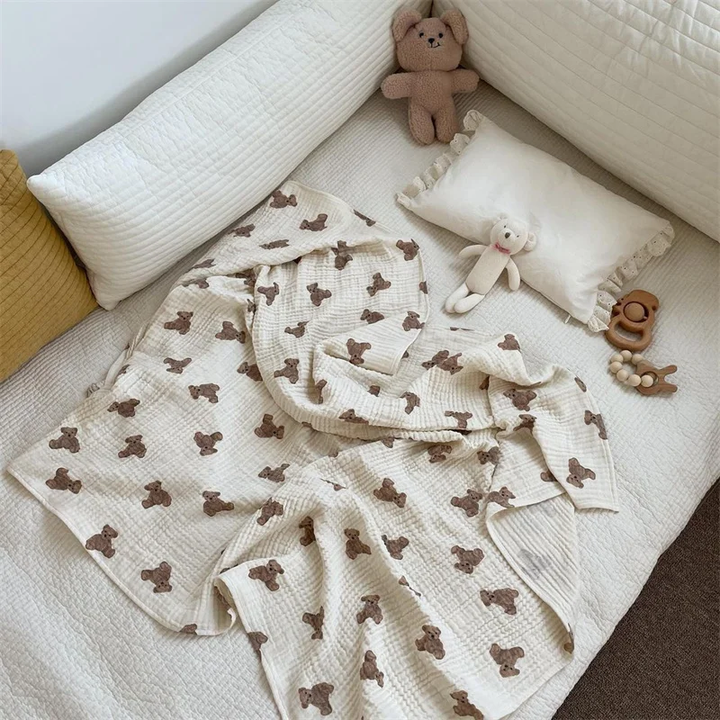 

Cartoon Baby 2 Layers Swaddle Wrap Blanket Cotton Gauze Bear Print Newborn Receiving Blanket Bath Towel Summer Infant Bedding