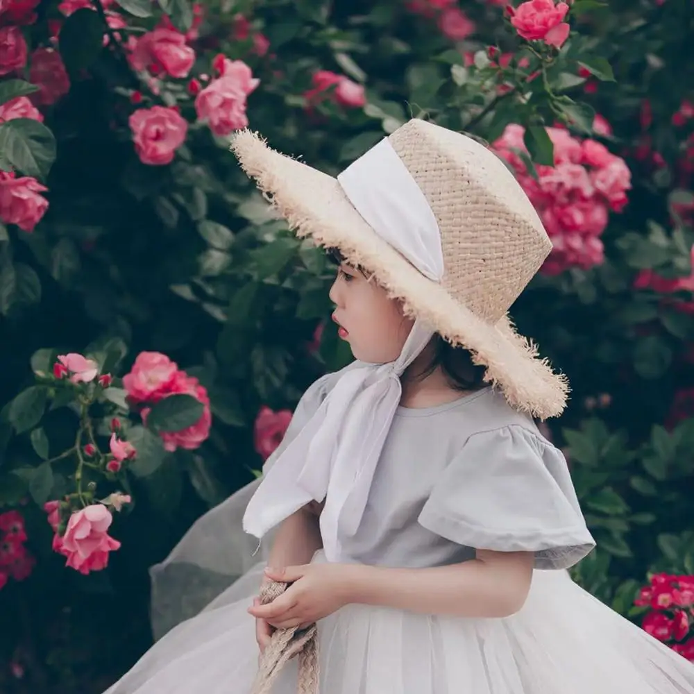 

Wholesale STAR Parent-child Panama Hats For Women Wide Large Brim Beach Sun Hats With Fashion Long Belt Visor Hat Raffia Straw